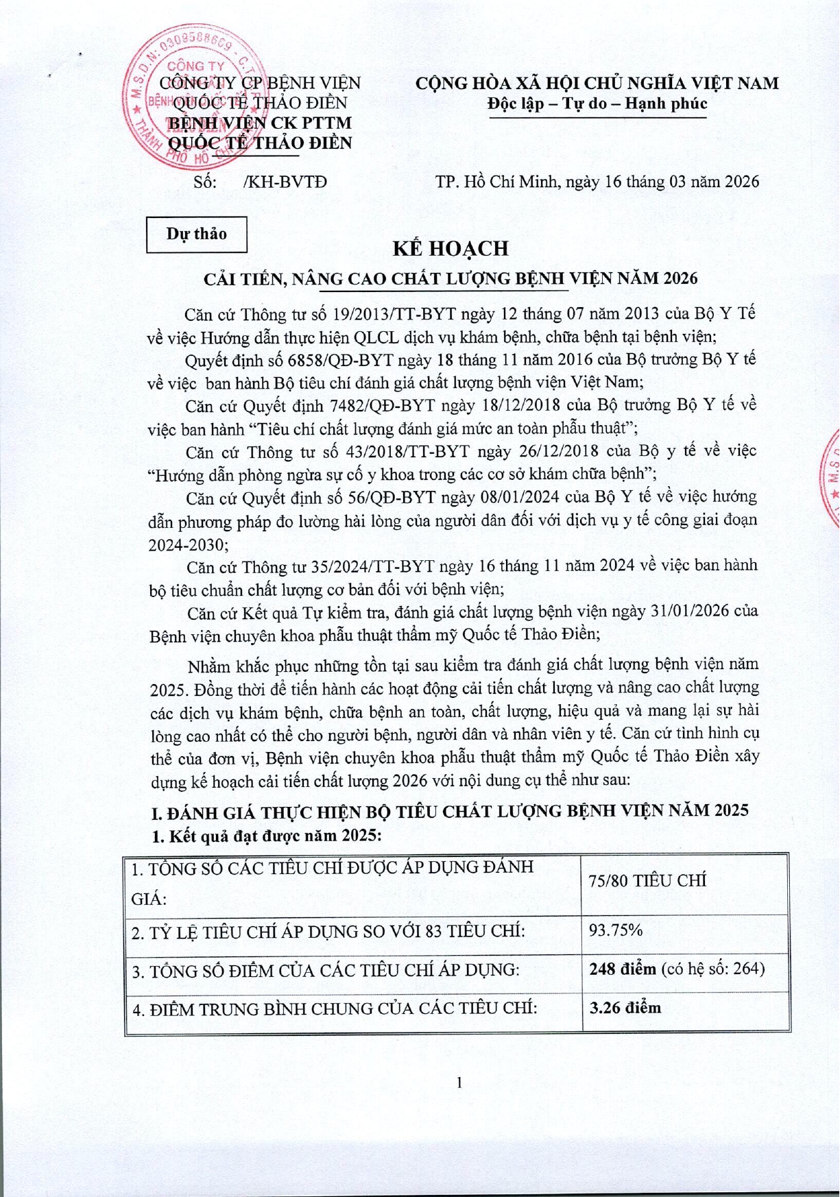 DỰ THẢO KẾ HOẠCH CẢI TIẾN, NÂNG CAO CHẤT LƯỢNG BỆNH VIỆN NĂM 2026
