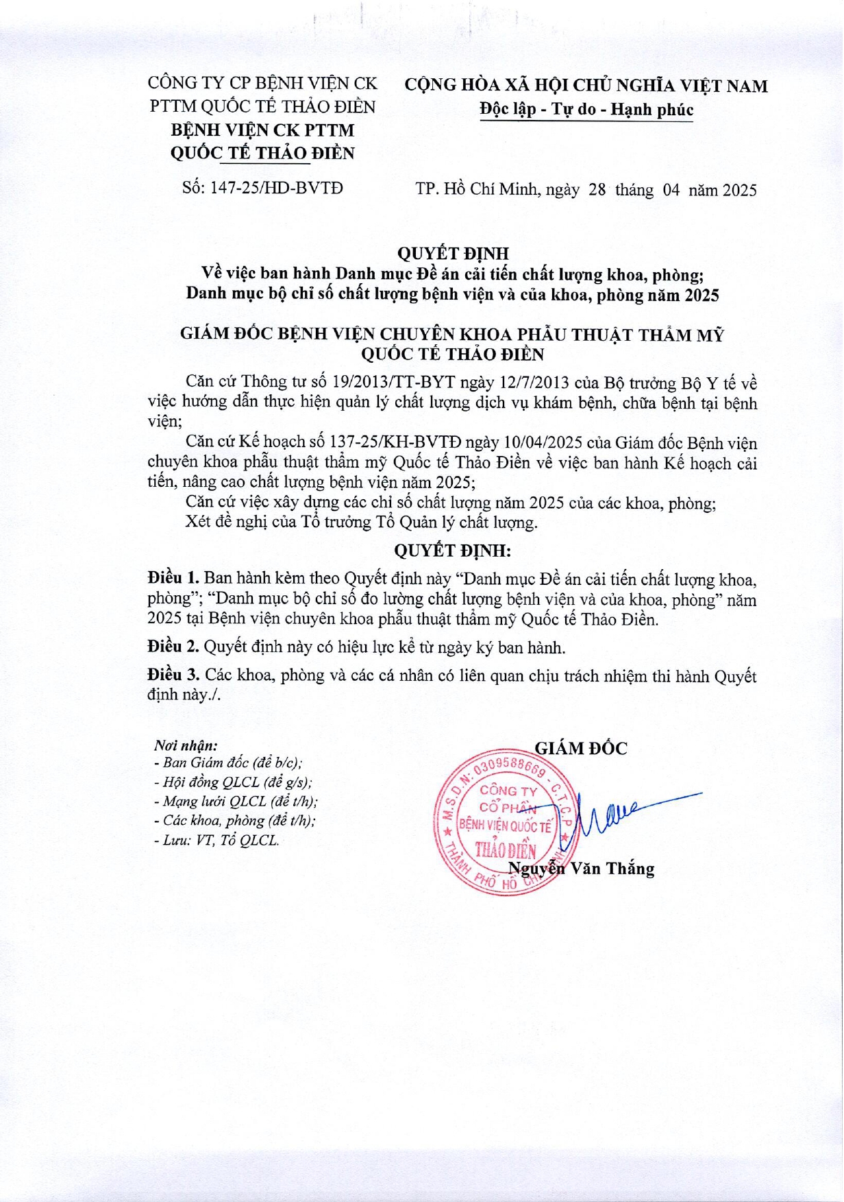 Ban hành Danh mục Đề án cải tiến chất lượng khoa, phòng; Danh mục chỉ số chất lượng bệnh viện và của khoa, phòng 2025